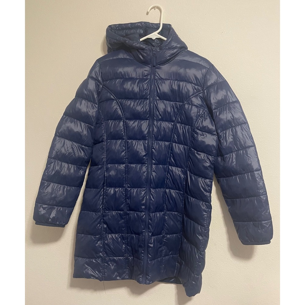 Aventure Womens Navy Blue Hooded Quilted Puffer Jacket Full Zip Longline Large